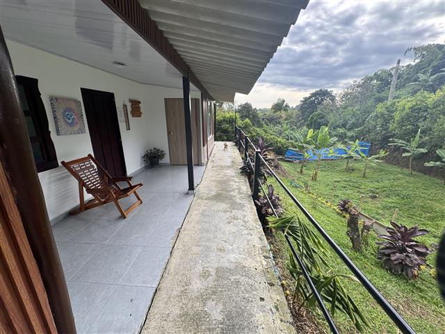 eco-hotel-gaia-2 - Turismo en el Eje Cafetero, Alquiler de Fincas en el Quindio Covered veranda of a house with a wooden chair, doors along the wall, and a garden with trees and blue chairs in the distance.